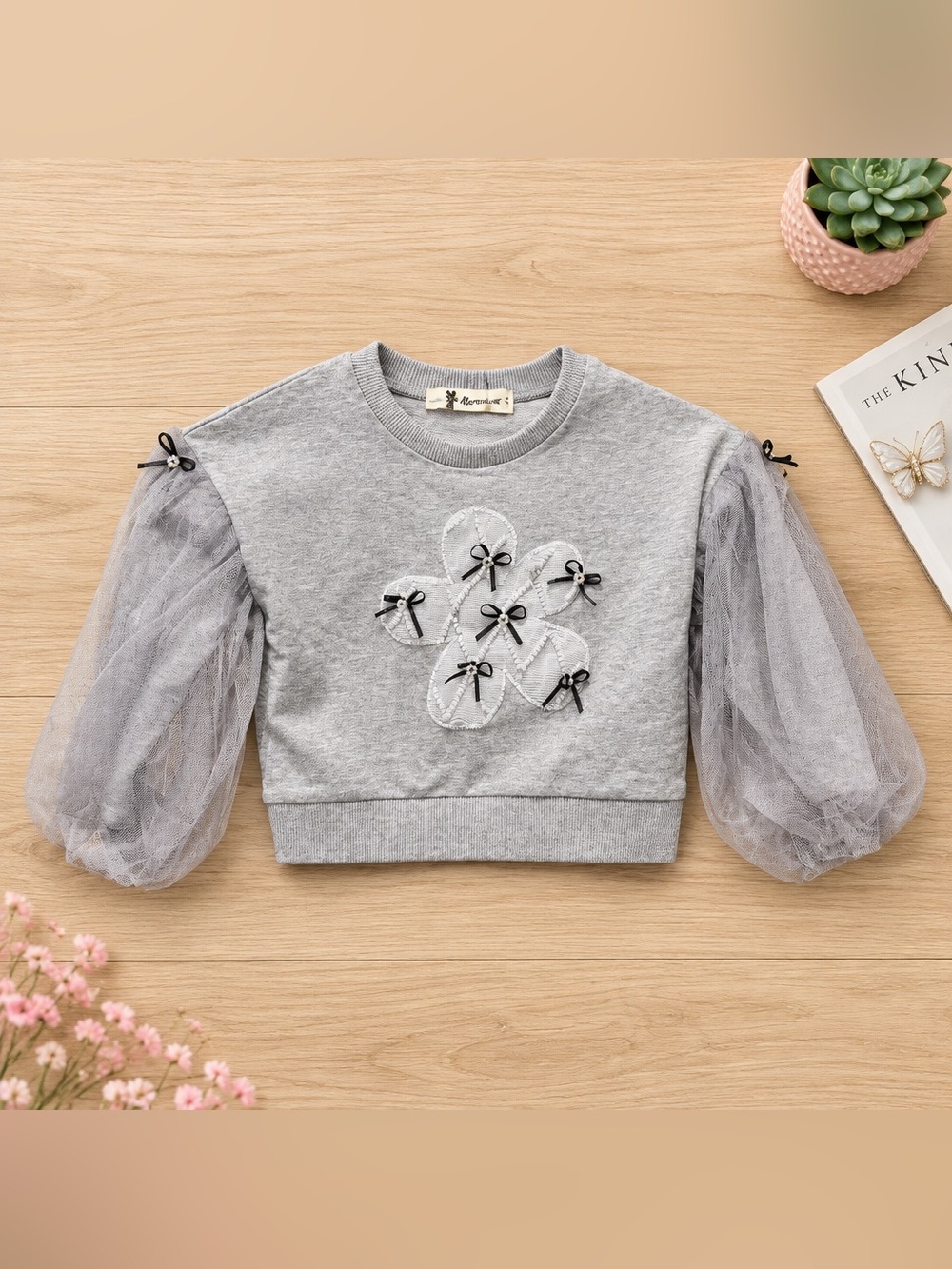 NWT Doe A Dear Toddler Girls Gray Mesh Sleeves Bows & Pearls Top - Size 4T
